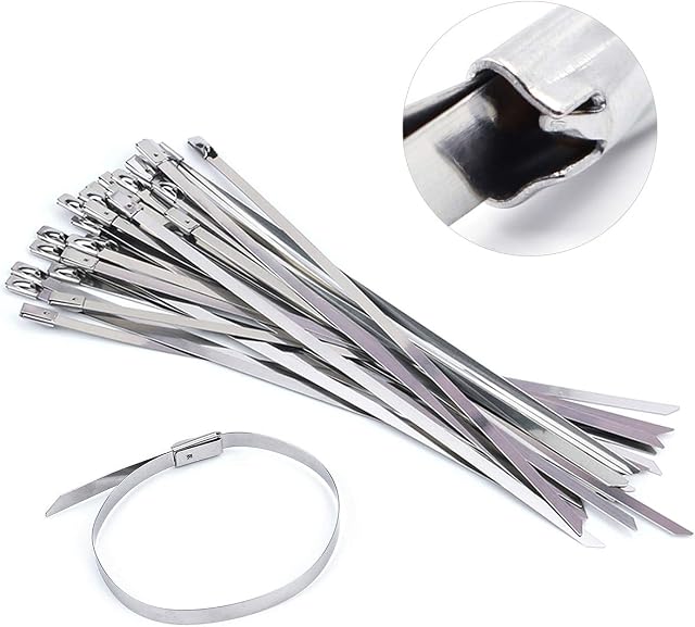 NATUCE 100PCS 4.6 * 300mm Premium Stainless Steel Cable Ties, SS304 Stainless Steel Zip Ties, Metal Cable Ties, Exhaust Wrap Coated Locking Cable Zip Ties, 316 Marine Grade Metal Tie Wraps