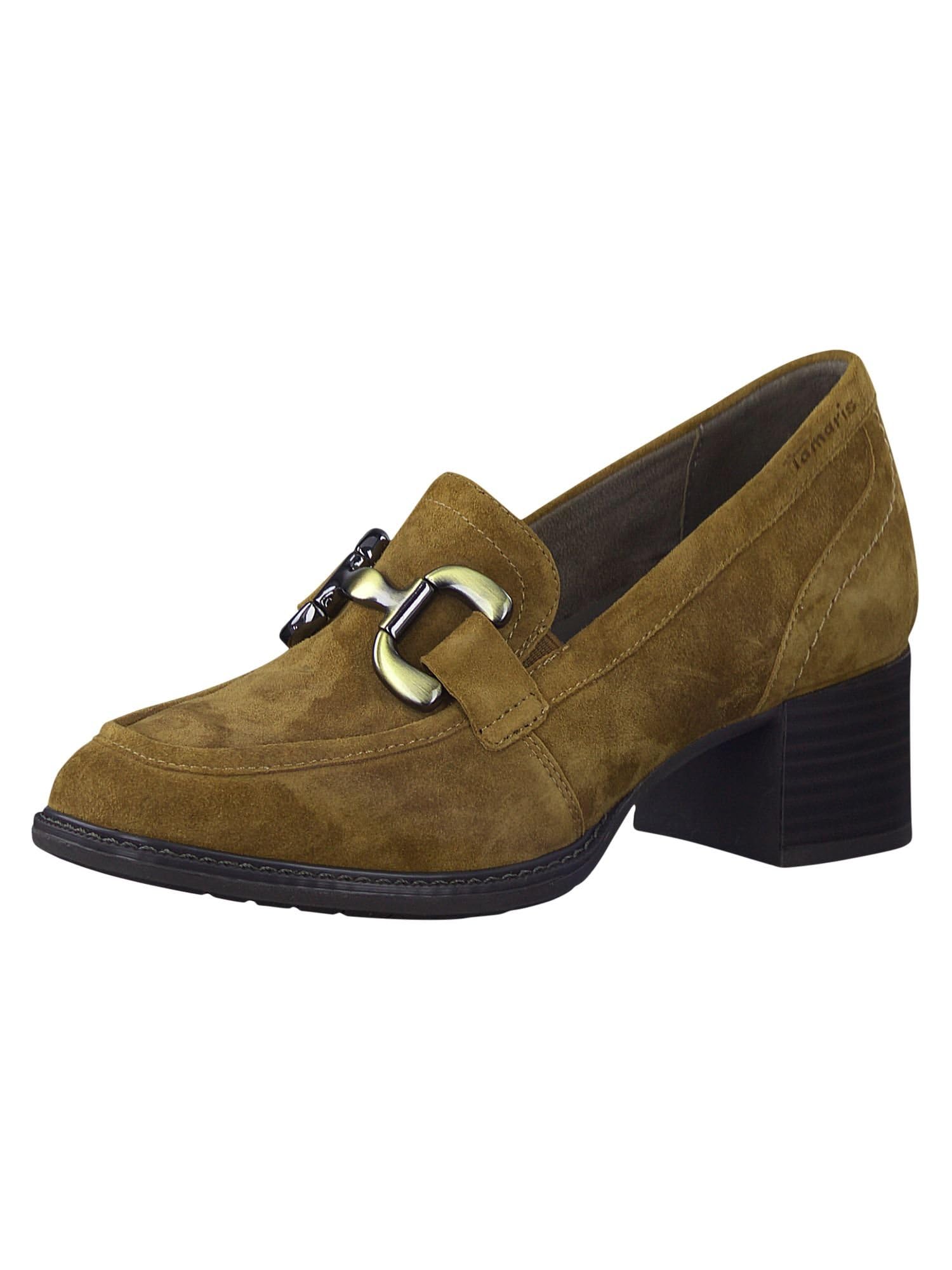 Tamaris Comfort Women’s Loafers with Heel Leather Block Heel Comfort Fit , Camel Suede, 6,5 UK