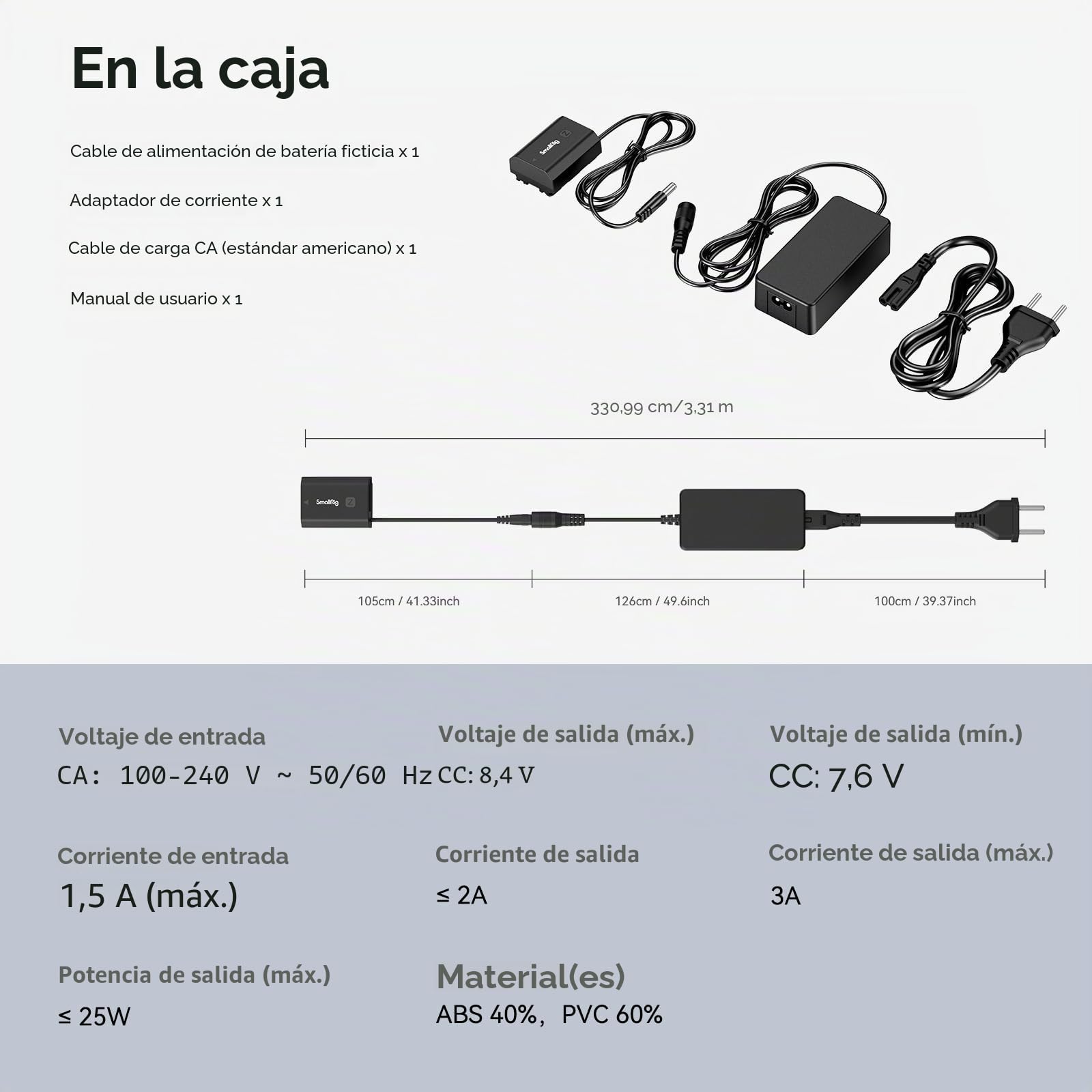 SMALLRIG NP-FZ100 Kit Adaptador de Fuente de Alimentación de Batería Ficticia para Sony A6600 / A9 II / A7 III /A7R III / A1 / A7C / A7S III / A7R IV /A7R V / A6700-4269B