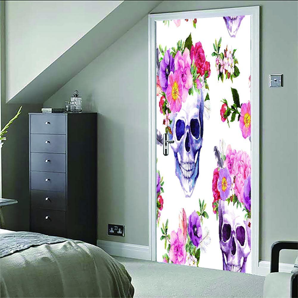 Adesivo Avvolgente Per Porta Autoadesivo - Teschio Di Fiori Di Piante 80 X 200 Cm - Peel And Stick 3D Effect Door Wrap - Carta Da Parati In Vinile Rimovibile Hd Soggiorno