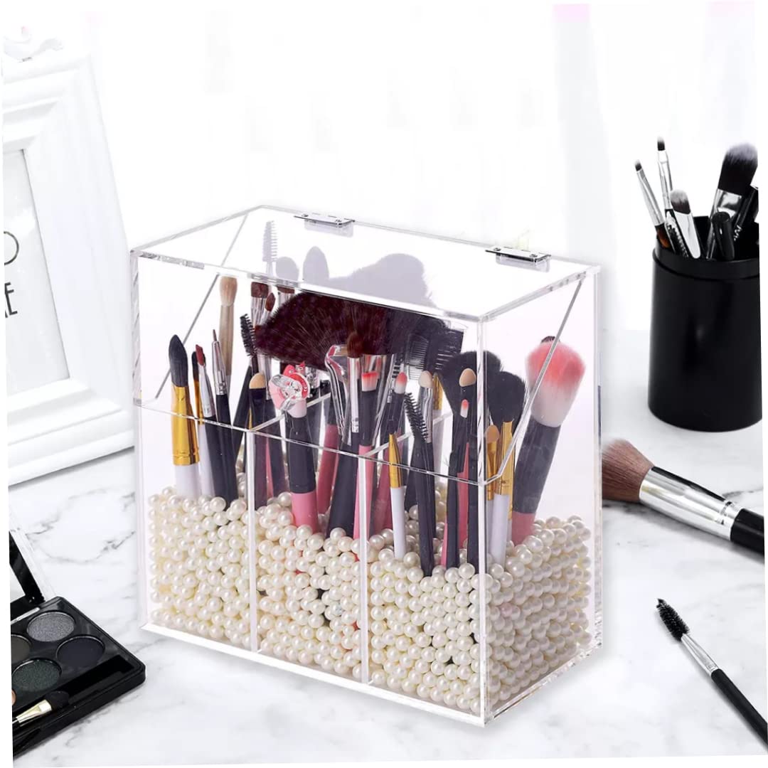 Organizador de Brochas de Maquillaje Acrílico Transparente con Compartimento para Tapa y Soportes para Cepillos