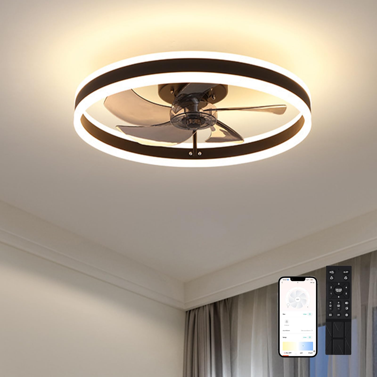 KYYRNY Ceiling Light Fan, Fan Reversible, 3000K-6500K Stepless Color Temperature Change, 6 speeds, Modern Smart LED Quiet Fan Ceiling Lights for Bedroom Living Room Dining Room (Black, 50CM)