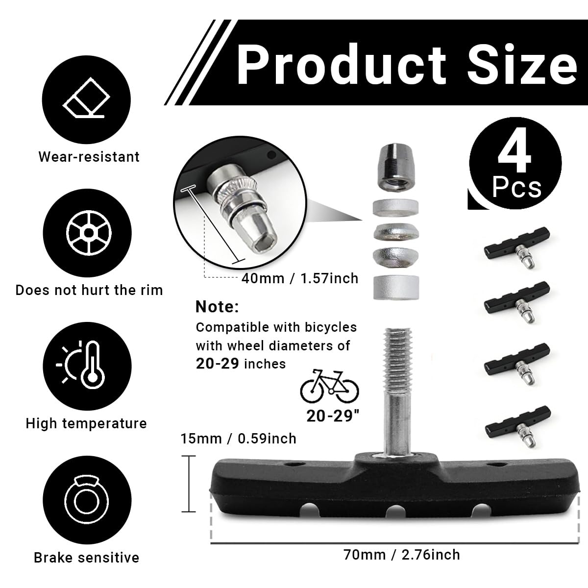 4pcs Pastiglie Freno V Brake 70mm,Pattini Freno Bici Universali in Gomma,Impermeabile Resistenza All'usura,per Ruote da 20 a 28 Pollici
