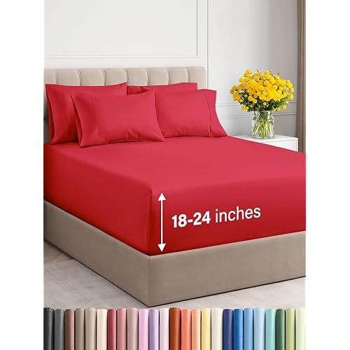 Extra Deep Cal King Sheet Set - 6 Piece Breathable & Cooling Sheets - Hotel Luxury Bed Sheets Set - Easy & Secure Fit - Soft, Wrinkle Free & Comfy Sheets Set - Red Sheet Set with Extra Deep Pockets