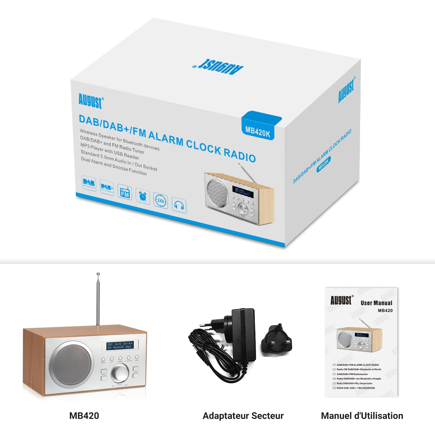 August MB420 Radio Dab Bluetooth, Radio Dab+/FM Numérique avec Double Réveil, 60 Présélections, Haut-Parleur HiFi 5W, Minuterie Sommeil, Snooze, USB & Entrée/Sortie AUX, Secteur pour Cuisine & Maison