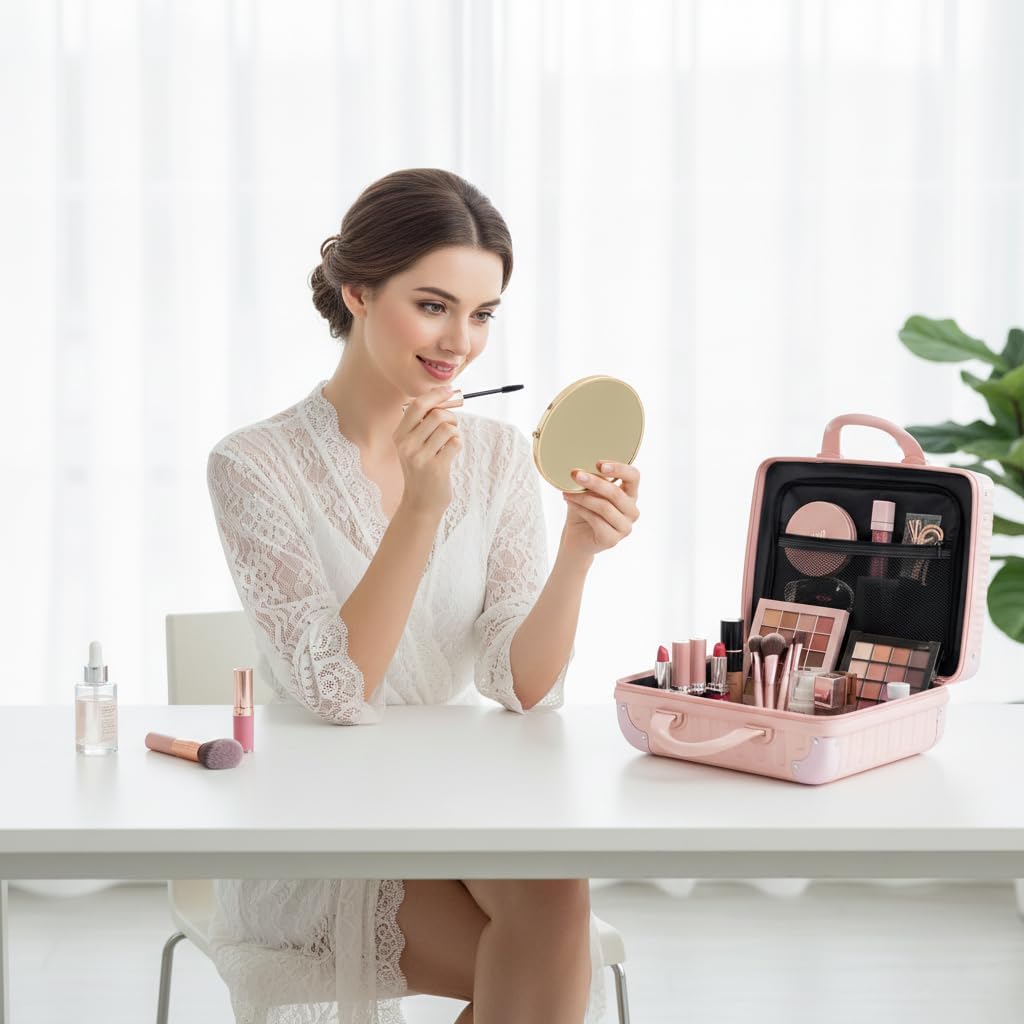 14 Inch Portable Makeup Travel Case Hand Luggage, Hard Shell ABS Cosmetic Organizer with Safety Lock, Small Carry-On Travel Bag for Women（Pink） - Image 9