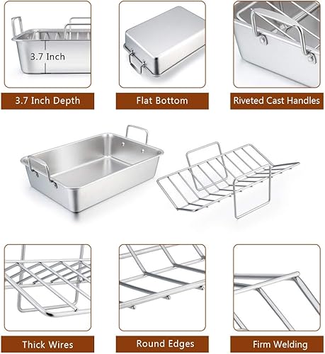 Miniatura 3 de P&P CHEF - Sartén para asar con estante de acero inoxidable de 14 pulgadas, estante en forma de V y estante para asar, no tóxico y resistente,