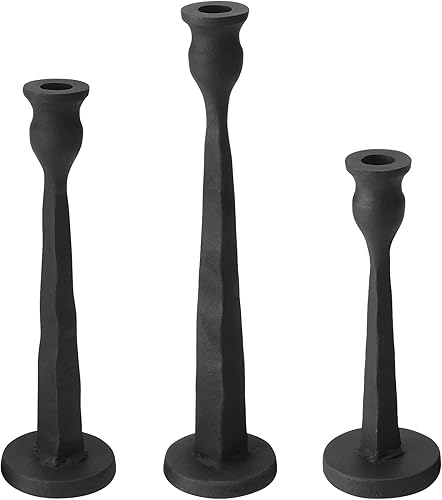 Juego de 3 portavelas negros de hierro fundido resistente, portavelas cónicos altos, decoración vintage, centro de mesa, candelabros para chimenea,