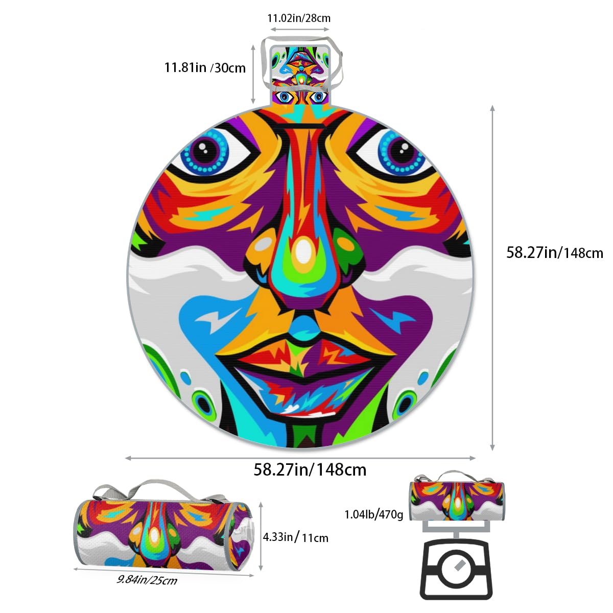 Shimoshe Colorful Hipster Face Pattern Picnic Outdoor Blanket Foldable Waterproof Sandproof Beach Blanket Portable Water-Resistant Round Picnic Mat for Travel Camping Park Lawn