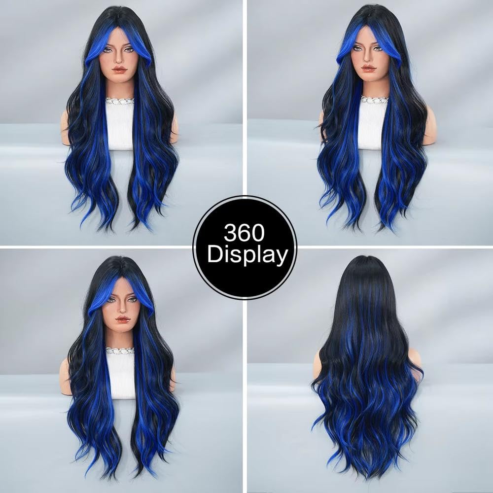 Haarpflege Lange Gewellte Schwarze Blaue Perücke Für Frauen Mit Hoher Dichte Bescheidenem Teil Und Vorhang Pony