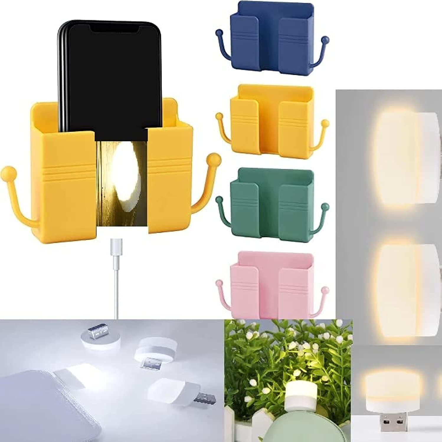 000 Ajwaa Wall Mount Cellphone Holder with USB Light, Self-Adhesive Sticky Wall Beside Organizer Storage Box, Punch-Free Bracket for Mobile Phone Plug, Multi-function Lazy Cradle-Charging Stand/Rack