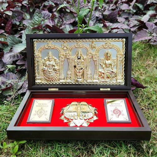 Image of ARNAVIRA Tirupati Balaji Lakshmi Padmavathi Gold Plated Photo Frame with Charan Paduka Pocket Temple for Diwali Gift, House Warming Gifts, Return Gift Puja Box (Brown Gold, Tirupati Balaji)