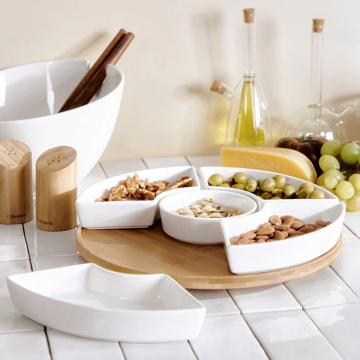 HOMLA Fincan Moderne Servierplatte Rund 6-teilig - Auffallendes Design Teller für Partys Feiern Snacks Häppchen - Porzellan und Bambusholz Ø 30 cm Weiß