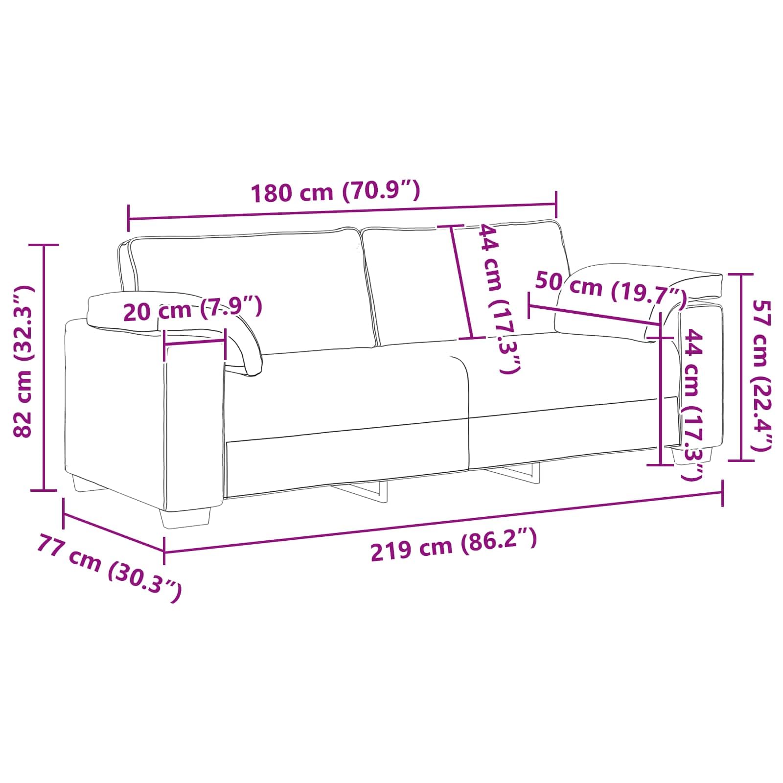 Nowoczesna sofa 3-osobowa, szara, 219 cm, materiałowa kanapa do salonu, trwałe wzornictwo z szerokimi podłokietnikami, wygodne siedzenie