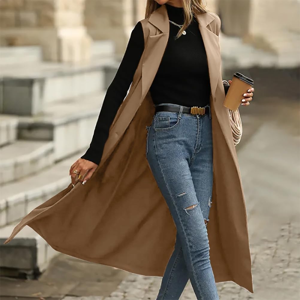 IDEALSANXUN Womens Long Vest Casual Double Breasted Sleeveless Trench Coat Jackets - Image 3