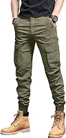 Calça cargo masculina casual afunilada slim fit punhos joggers calça de moletom tática com cordão com vários bolsos