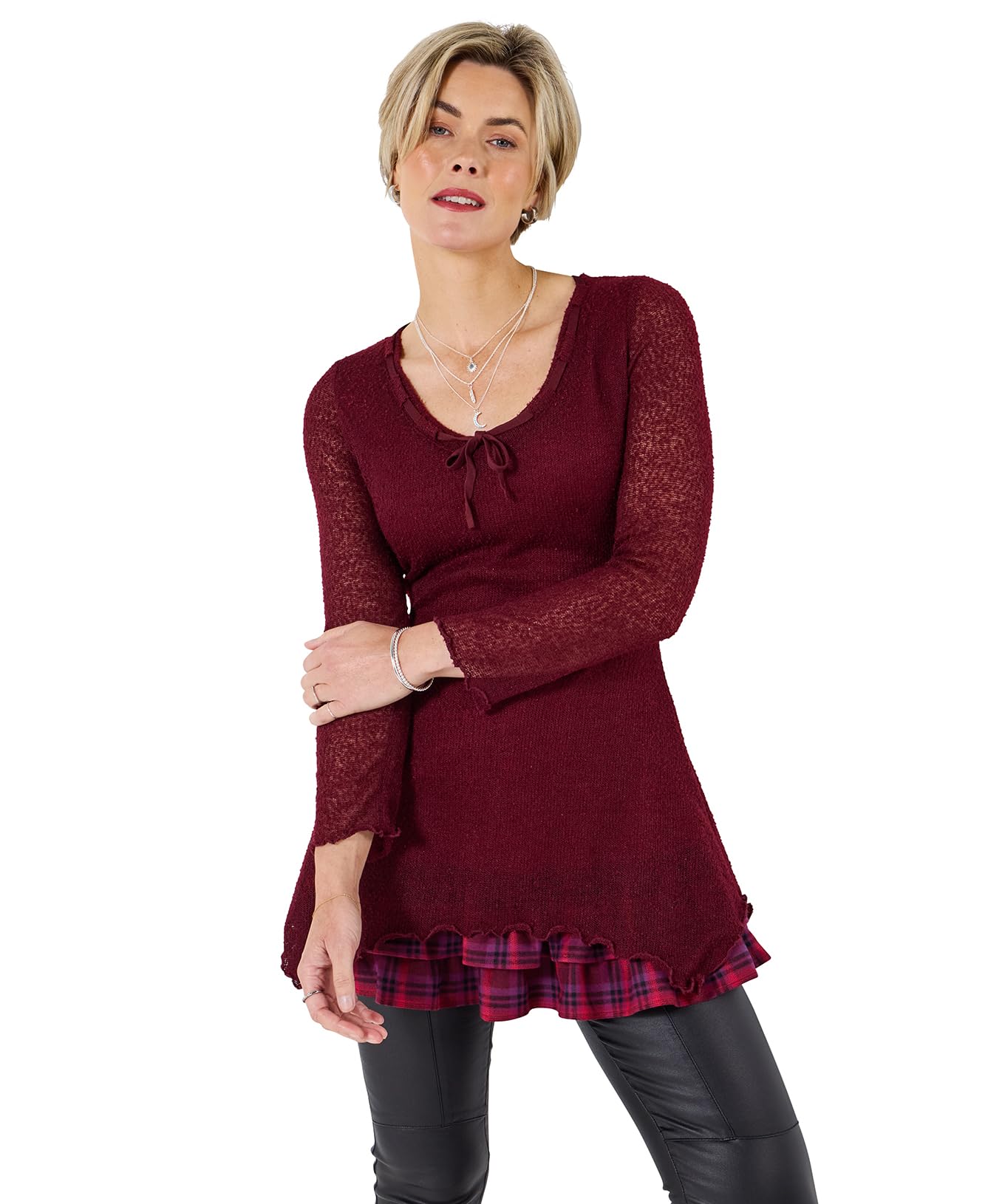 Joe Browns Women's Handkerchief Hem Flared Sleeve Tie Neck Tunic Top Shirt, Red, 12