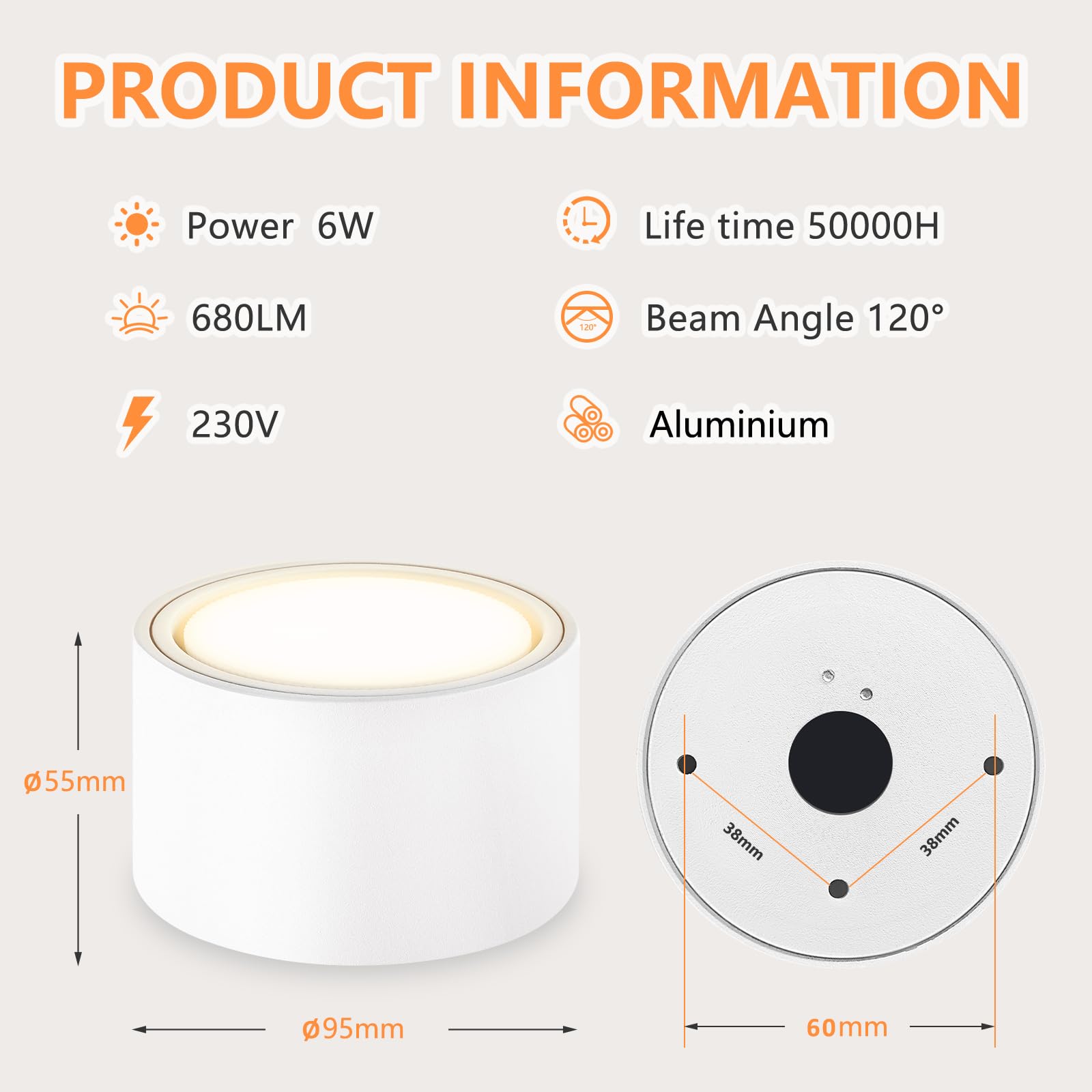 GeyouLux 4 Focos LED Techo Focos Superficie Grientable incl. Bombilla 6W Intercambiable Módulo GX53 LED Plafón Focos 3000K Blanco Cálido Aluminio Ø95x55mm Focos LED Interior 680LM Lampara Techo Blanca