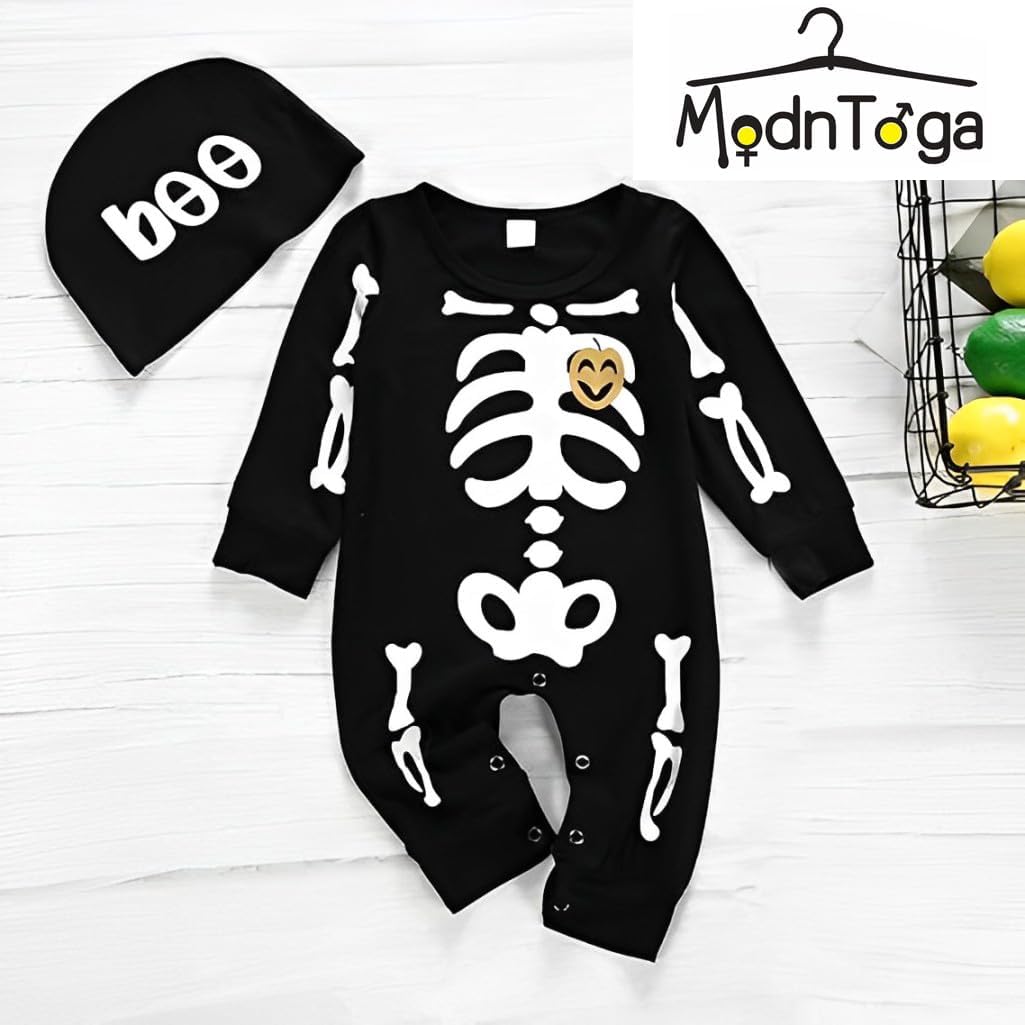 MODNTOGA Newborn Halloween Clothes Skeleton Baby Boys Girls Skull Skeleton Halloween Outfit Romper with Hat - Image 2