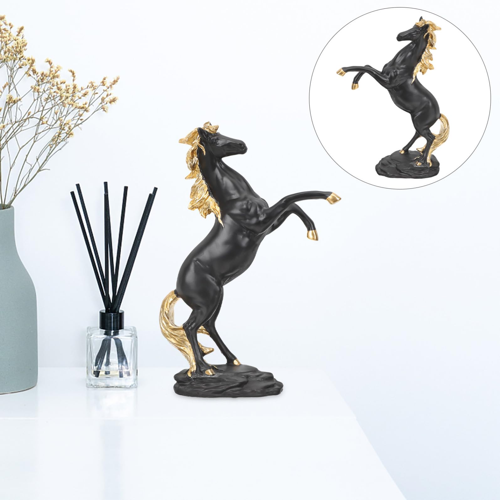 Statua Decorativa e Facile da Pulire Base Piatta Decorazione Realistica di Scultura Equestre in Resina Nera per Tavolo e Paesaggio, per Soggiorno e Ufficio