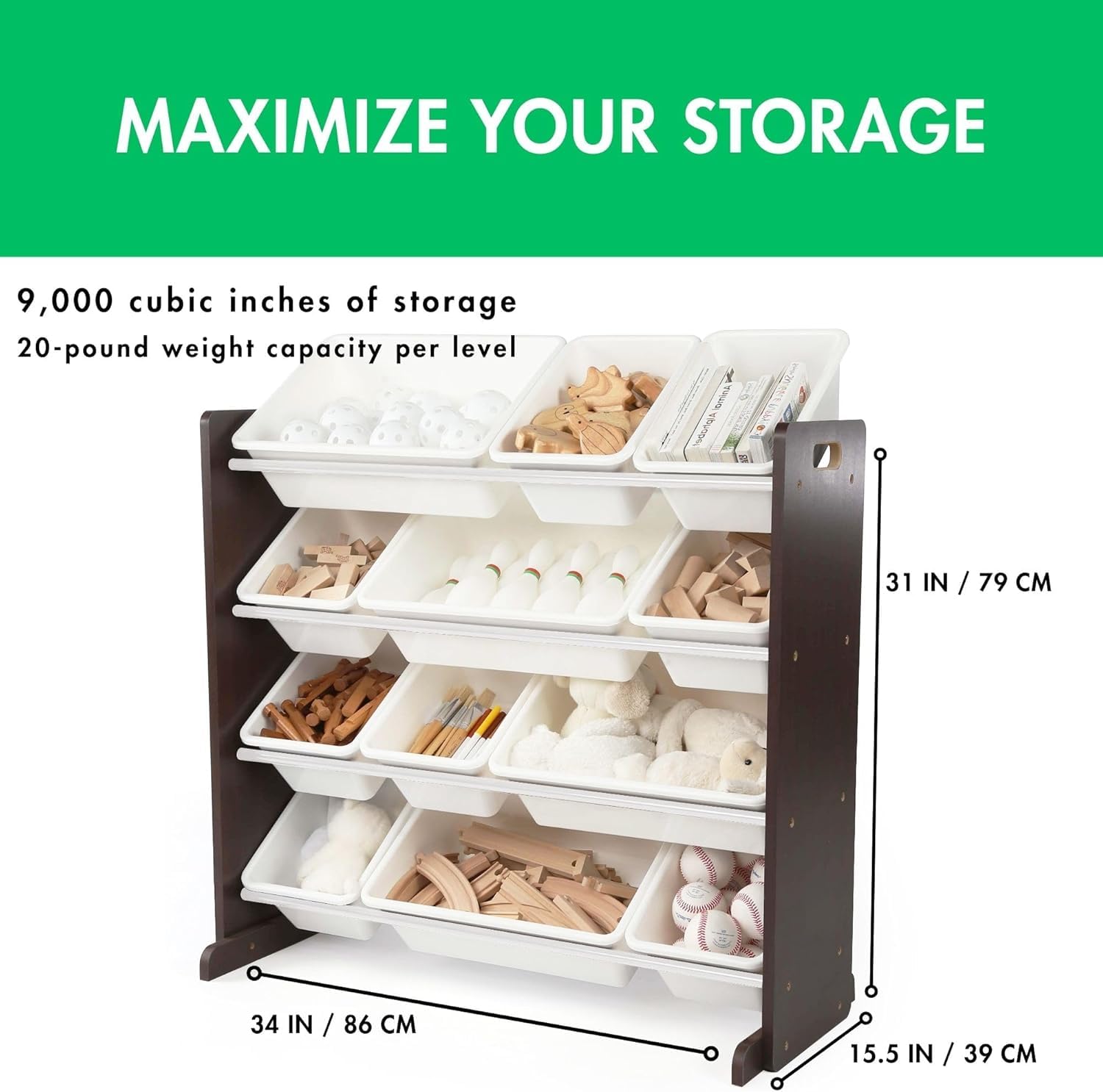 Snazzy Kids Toy Storage Organizer with 12 Plastic Bins, Espresso/White β Removable Bins for Playroom, Bedroom, Toddler Furniture for Boys and Girls 1