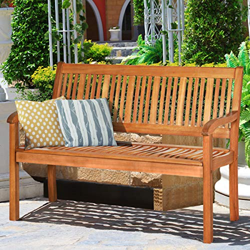 Safstar Outdoor Wooden Bench, Eucalyptus Wood Garden Bench with Curved Armrest and Backrest, 2-Person Loveseat for Entry Way Porch Garden, Strong Weight Capacity of 700lbs