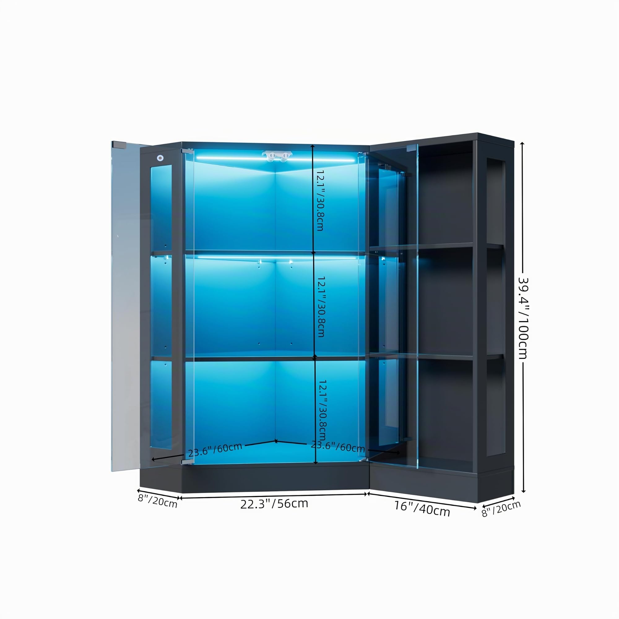 Vitrina de Cristal con LED, Vitrina Expositora Esquina para Colecciones de 3 Pisos de Pie con Sensores Inteligentes y 2 Puertas, Estantes Altura Ajustable, Vitrinas para Salon, Oficina, 100x116.5x60cm