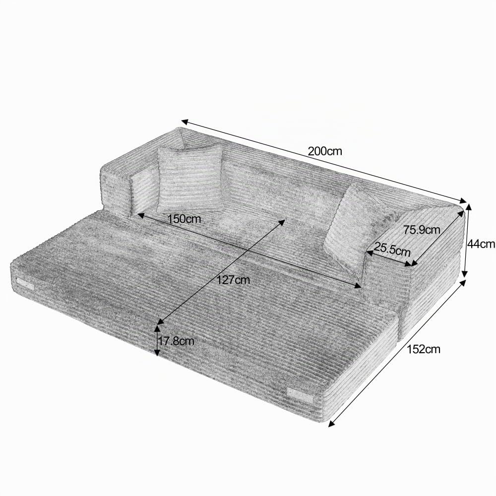 Sofá Cama Plegable de Pana, Sofá Convertible Moderno con Diseño Cuadrado Clásico y Estructura de Doble Capa, Mueble de Salón Multifuncional Convertible en Cama para Apartamento y Oficina (Negro)