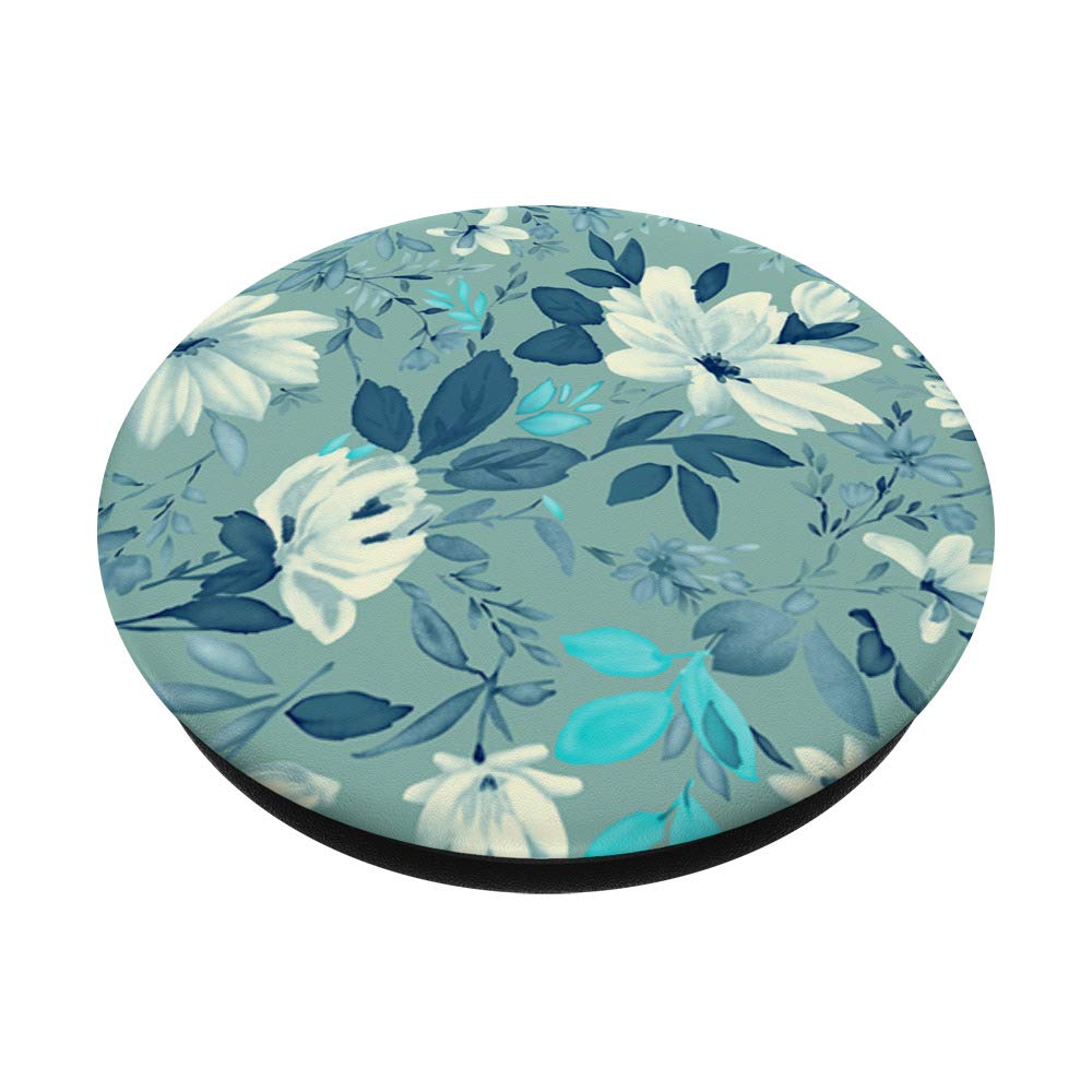 Light Blue Olive Green Floral PopSocket - Swappable Phone Grip With Adhesive Backing