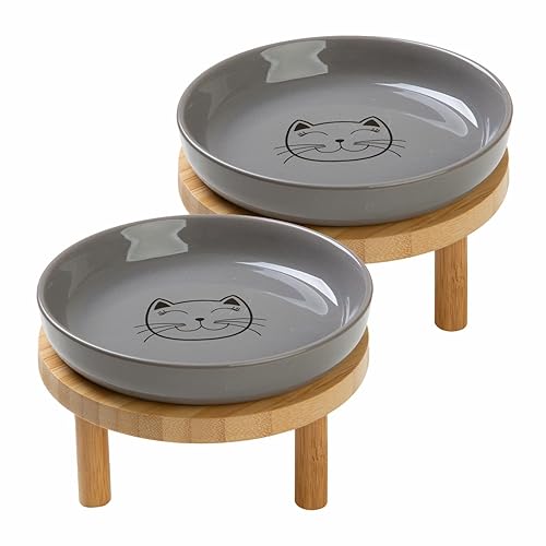 Lusifaco Shallow Elevated Cat Bowls,5.9 Inch Wide Raised Ceramic Cat Dishes with Bamboo Stand, Whisker Friendly Pet Water or Food Plates Feeding Station for Indoor Cats, Kitten(Grey,Set of 2) - Grey - Plate with stand(set of 2)