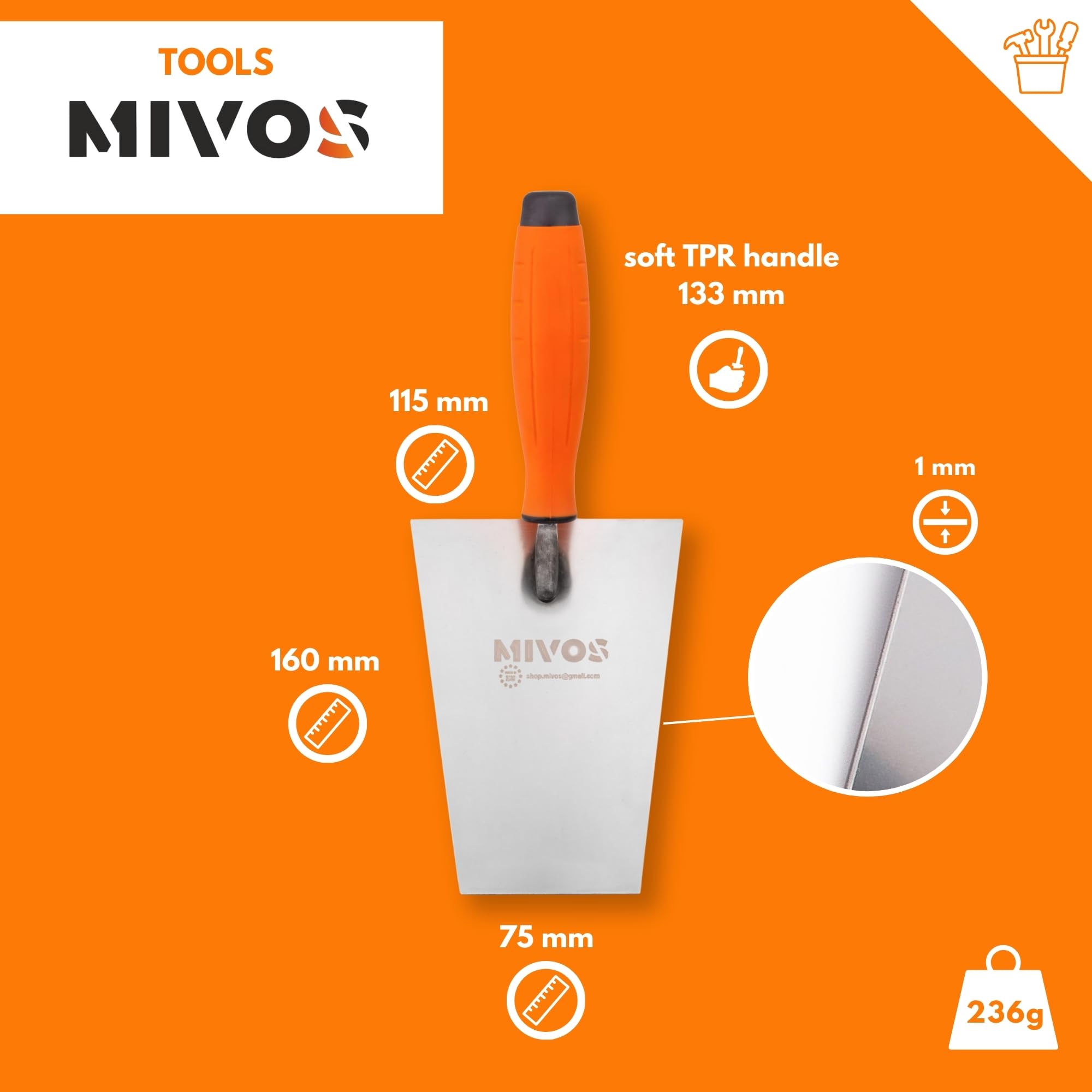 Mivos Juego de 4 paletas de acero inoxidable de 80 x 60 mm, 120 x 128 mm, paleta trapezoidal de 160 x 75 mm, juego de paletas de acero inoxidable, mango suave, fabricado en la UE