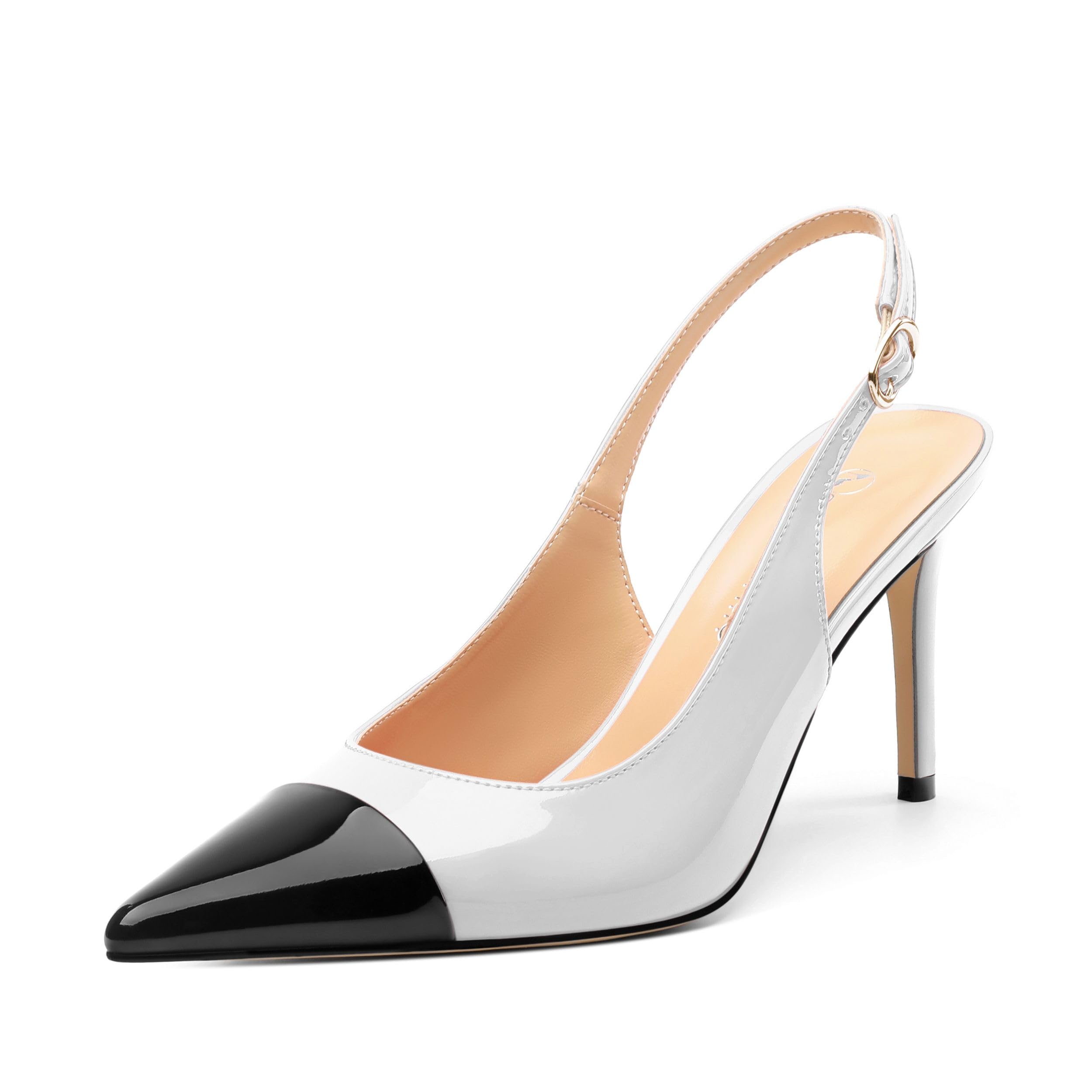 CDXJHYMY Women's Slingback Kitten Heels Pointed Toe Pumps Cap Teo High Heel Shoes Two Tone Splicing Shoes for Casual Party Wedding Office 3.1"