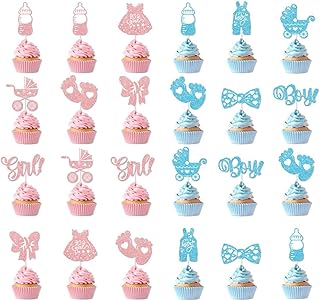 24 Pièces Décoration de Gâteau Gender Reveal, Baby Shower Cupcake Topper, Décorations pour Gâteau de Baptême, Fête de Révélation de Genre (Bleu, Rose)