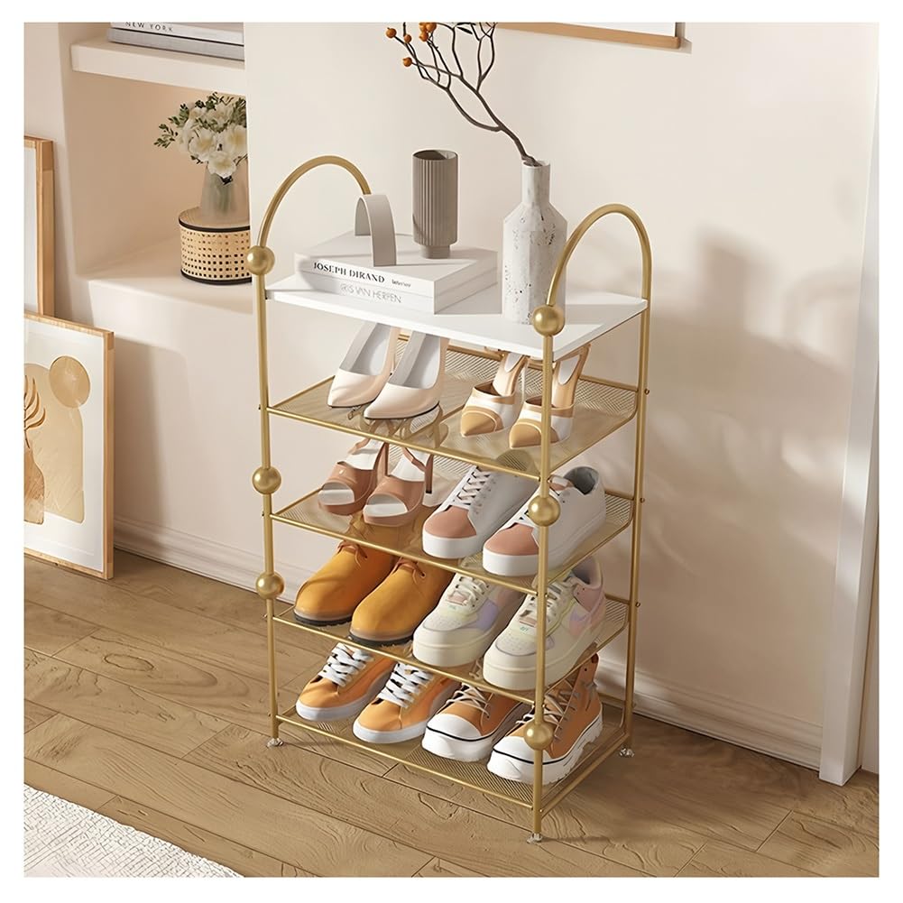 Zapatero metálico de 5 Niveles - Armario Vertical con Patas Antideslizantes, Multifuncional para entradas, Salones y pasillos - Elegante Acabado Dorado (50 x 30 x 92 cm)