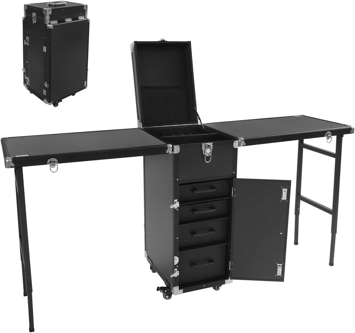 Rolling Manicure Table with Pedicure Chair 4 Drawers Rolling Makeup Case Foldable Nail Desk Cosmetology Case on Wheels w/2 Desktop for Nail Teach Technician Workstation (Black)