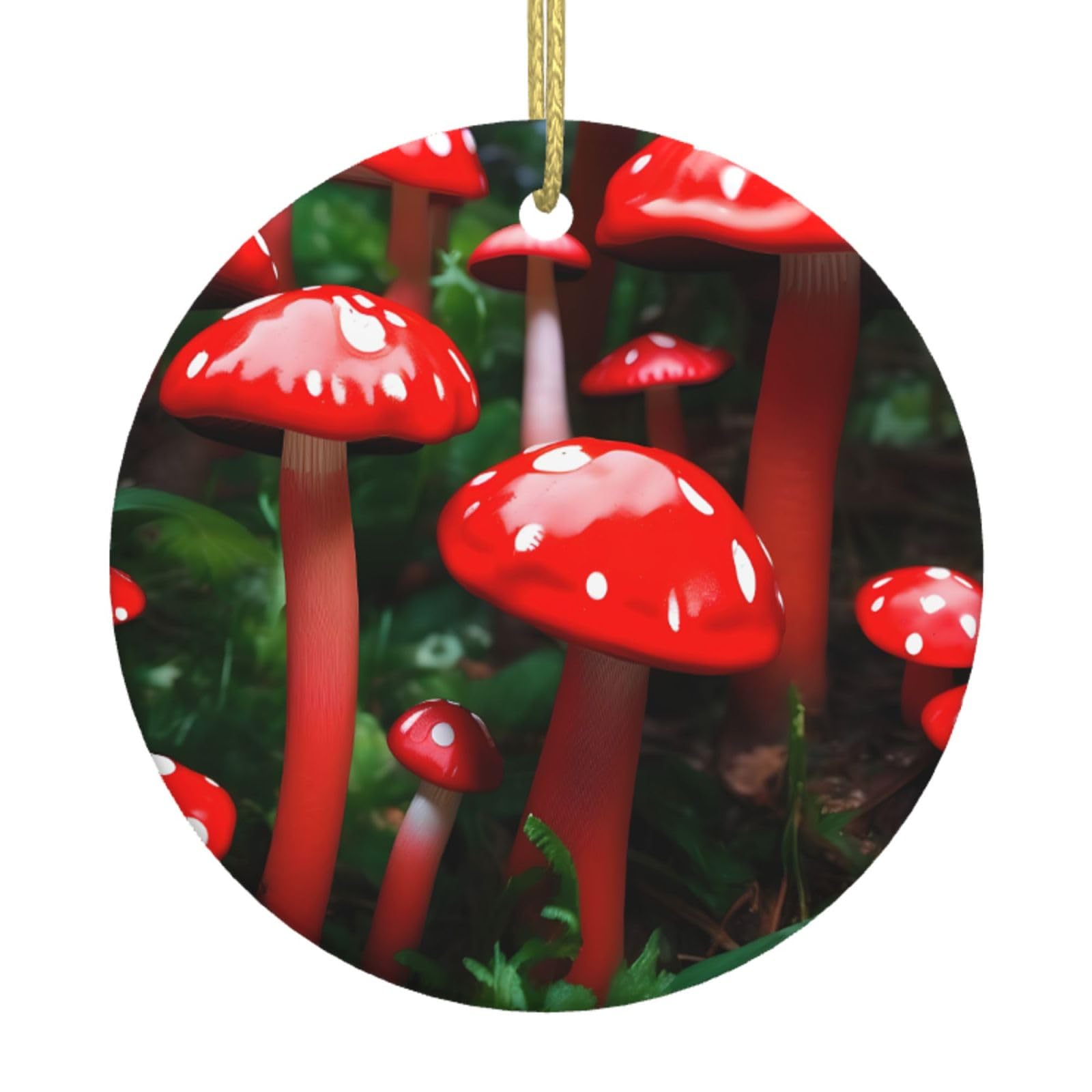 Red Mushrooms Print Christmas Ornaments, Ceramic Hanging Ornament, Round Shape Decorations