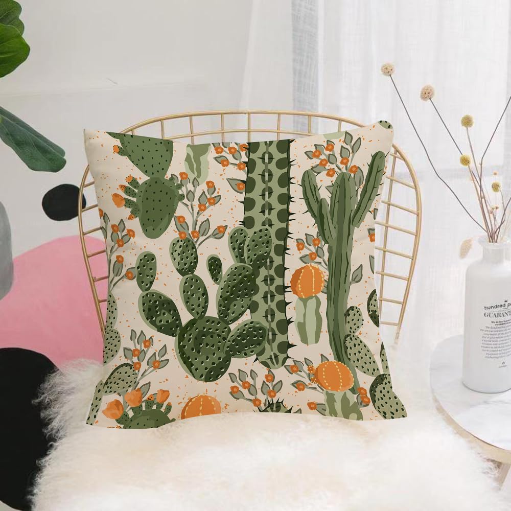 HYOSXW Cushion Cover,Throw Pillow Case Home Decorative for Living Room Bedroom Sofa Chair 16X16 Inch,Green vector succulent cactus and orange flowers seamless pattern. Beach wallpa,Pillowcase 40X40cm