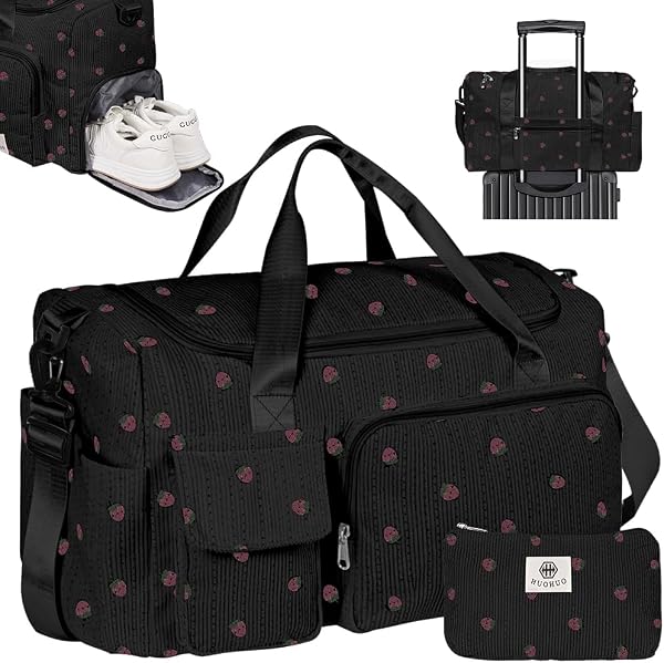 Adiwo Sac de Sport avec Compartiments Chaussures et Humide, Sac de Voyage Femme, Sacs de Sport Fitness Gym, Weekend Bag avec Compartiment Humide pour Gym Yoga Sport Danse Voyages, Noir - 1