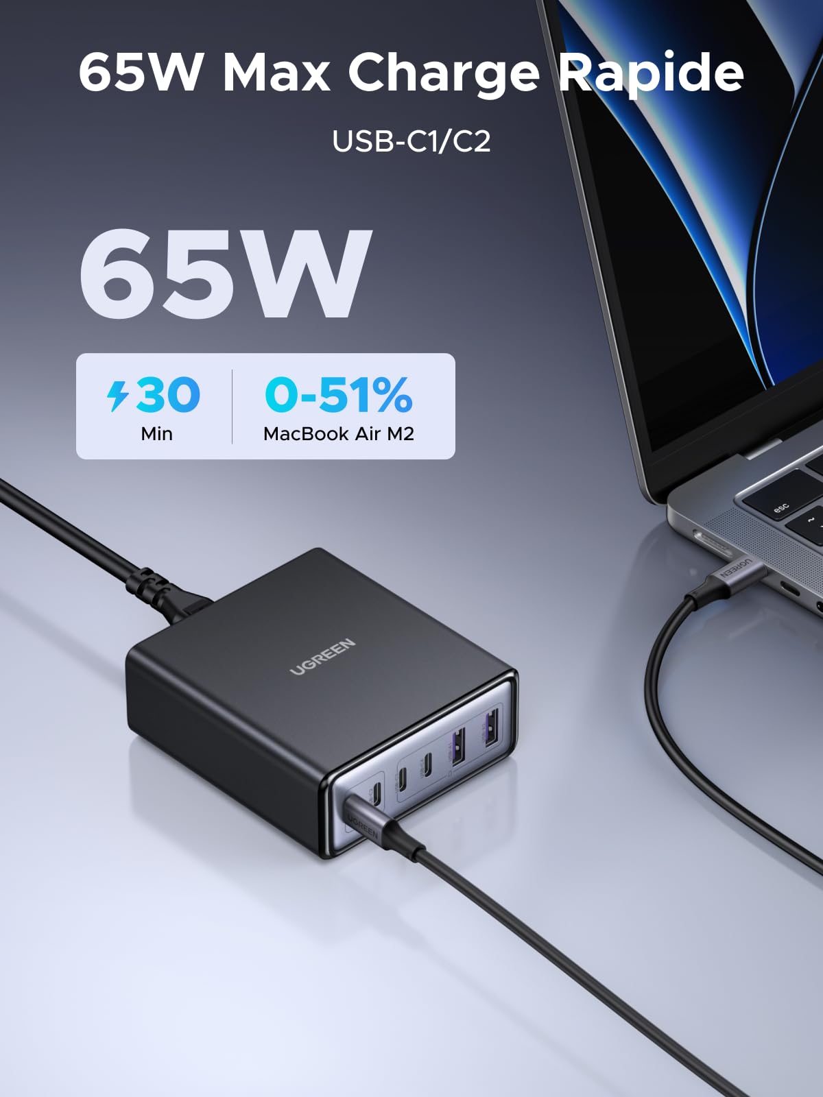 UGREEN Zapix 100W 6 Ports Chargeur USB C Rapide Station de Charge Bureau GaN Tech 65W Compatible avec iPhone 17 Pro Max Air 16 15 14 13 12 iPad MacBook Pro Air Neo M5 M4 M3 M2 M1 Galaxy S26 S25 S24