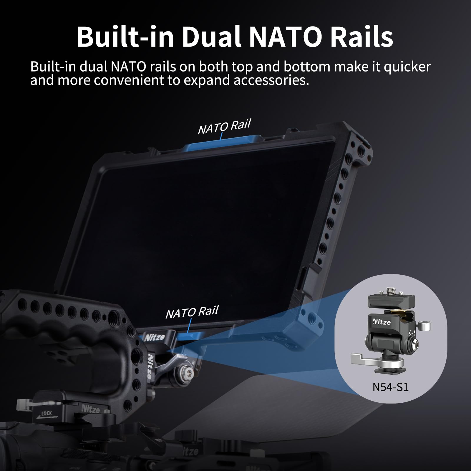 Nitze Cage pour Moniteur OSEE G7 Pro 7 Pouces, Monitor Cage avec Capote en Cuir PU, Deux Rails NATO Intégrés et Patins Froids - JT-OE02B