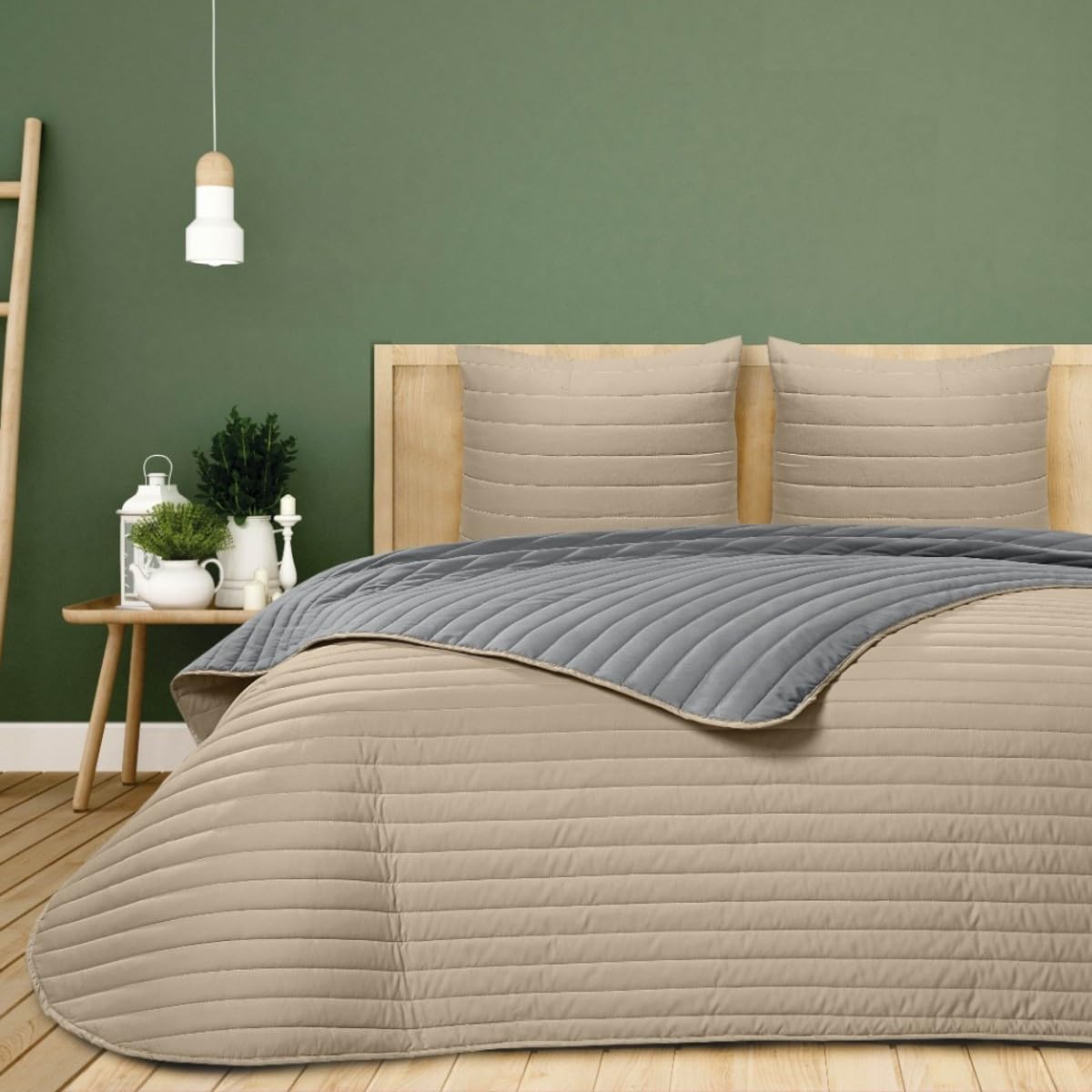 DHESTIA HOME - Colcha Bouti de Verano Bicolor Patrón Cosido de Lineas Modelo Altea - Color Beige, Talla Cama 135/150