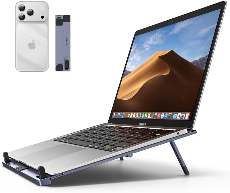 Soporte portátil para computadora portátil, plegable y compacto Soporte para computadora de aluminio para escritorio, elevador ergonómico ajustable para computadora portátil para MacBook, apto para viajes para computadoras portátiles de 10-17 pulgadas