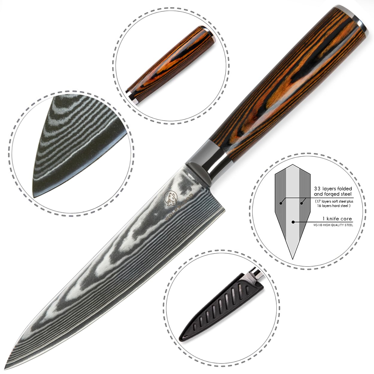 Wolfblood Damastmesser Küchenmesser L (26cm) TÜV geprüfter 62 HRC Damaststahl aus 67 Lagen I Damast-Küchenmesser Chefmesser mit Holzgriff Geschenkbox und Klingenschutz