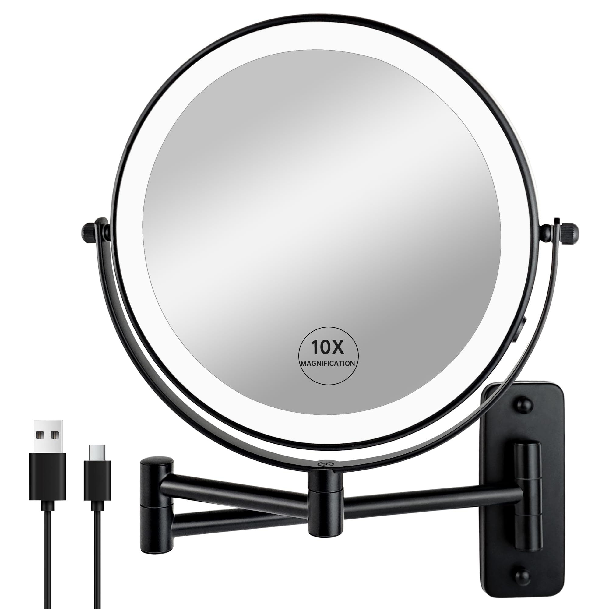 JANEEVA 8" Wall Mounted Lighted Makeup Mirror,Rechargeable Double Sided 1X/10X Magnifying Mirror with 3 Color Lights,Touch Dimmable Bathroom Vanity Mirror with 360°Swivel Extendable Arm Matte Black