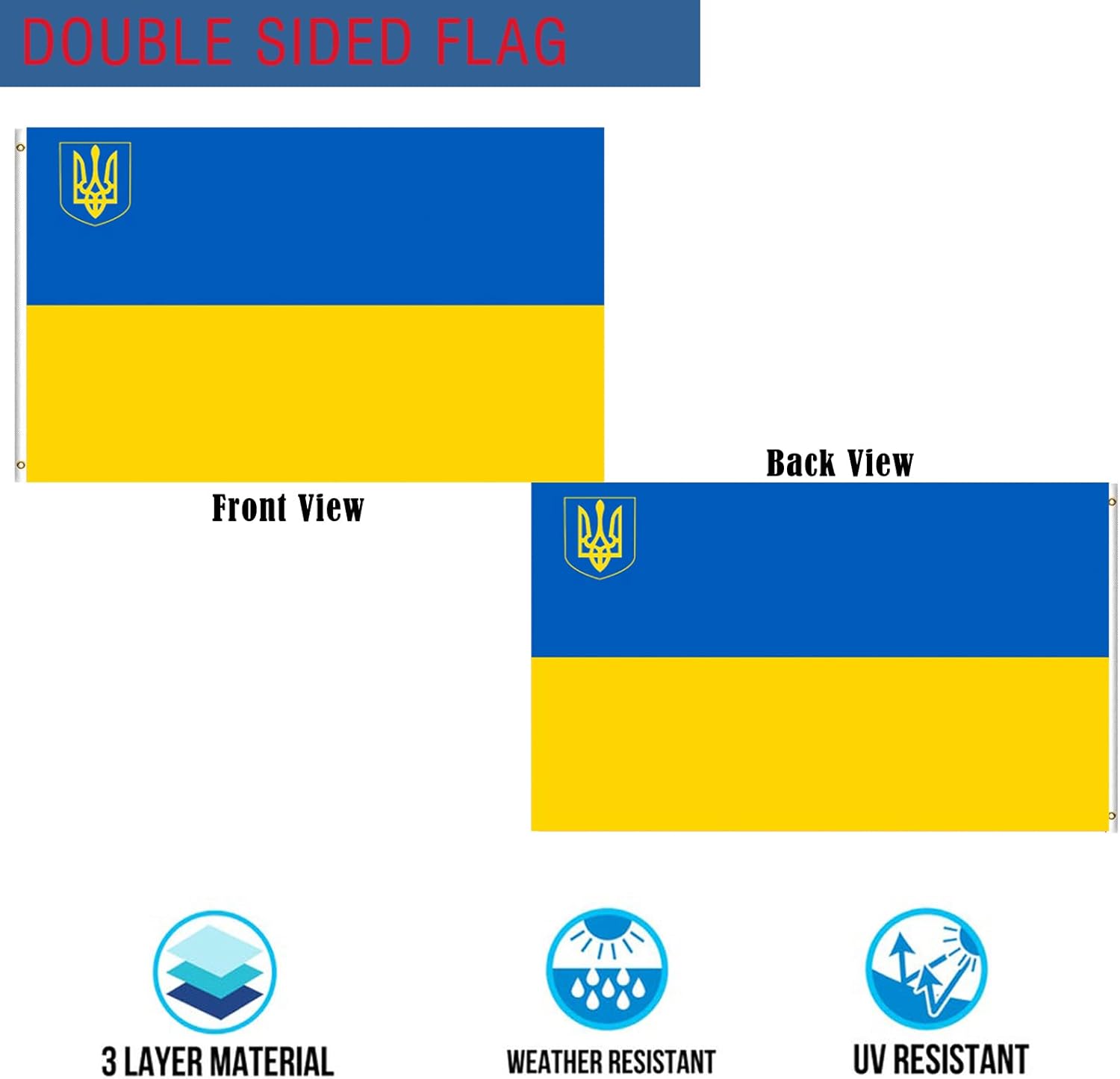 Ukraine Flag 3x5 Outdoor Double Sided- Heavy Duty 3ply Ukrainian National Flags -Durable 4 Rows Stitched Canvas Header with 2 Brass Grommets