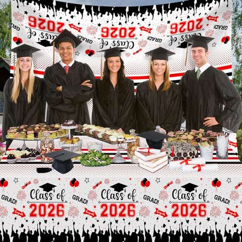 Image of Graduation Decorations Class of 2026 Tablecloth - 3 Pcs Plastic Congrats Grad Table Cloth, Graduation Table Cover for Graduations Party Decorations 2026 and Party Supplies, 54 inchx108 inch (Red and Black)