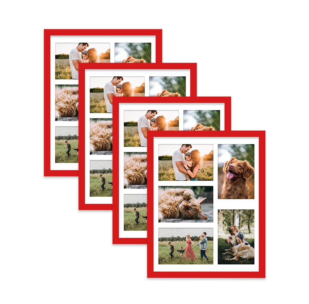 Red Multi Photo Frame - Holds 5 x 6x4 Pictures, Family Collage Picture Frame for Wall Display, 14x11 Frame size, Set of 4