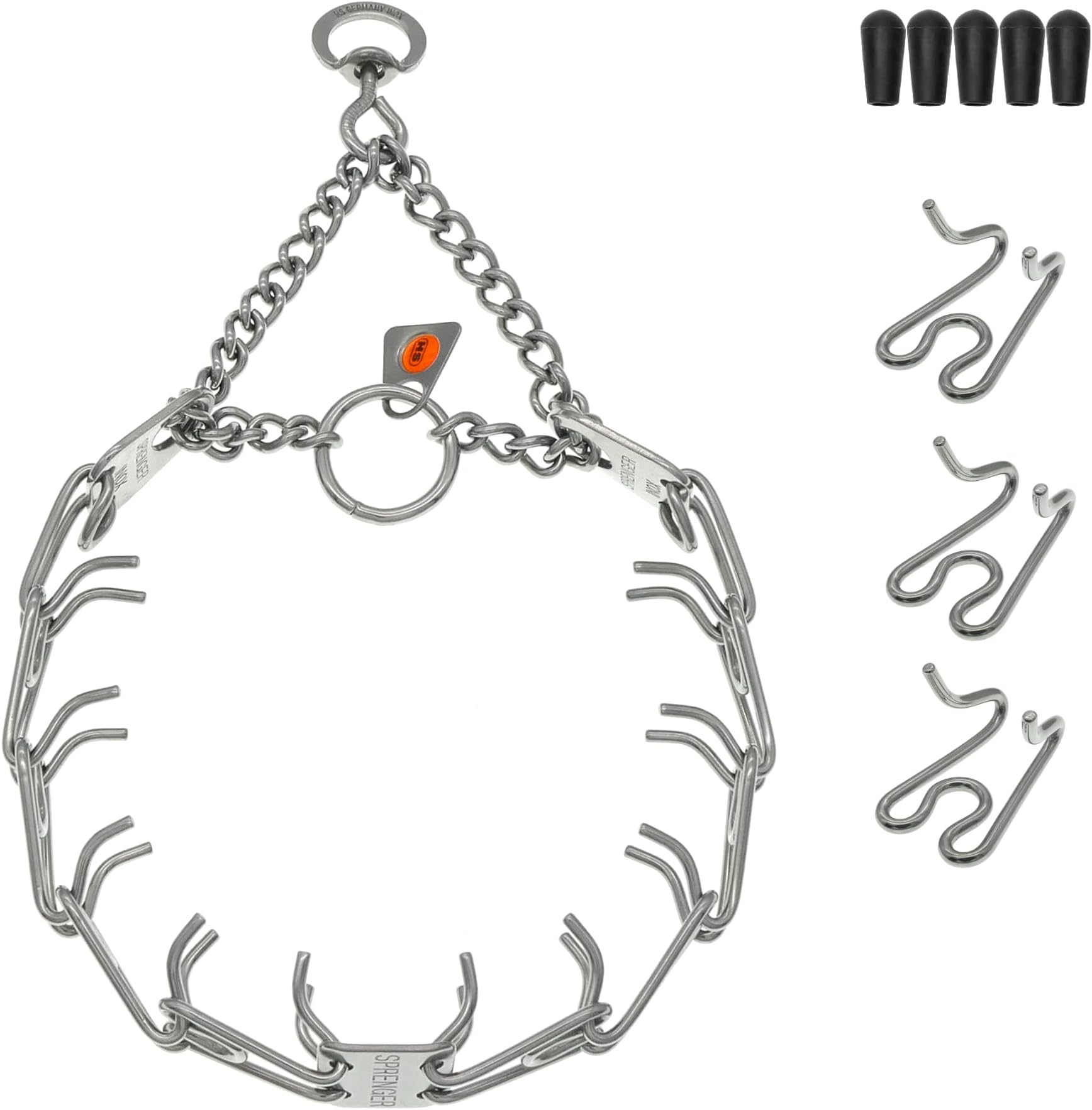Dog Training Prong Collar with Swivel D-Ring, 3 Extra Links, 30 Comfort Tips for Small Medium Large Dogs Stainless Steel No-Pull Collar Made in Germany (Small-Medium)