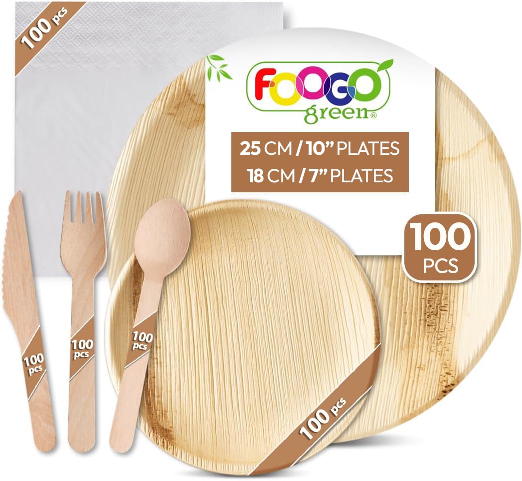 FOOGO Green 600pcs Disposable Palm Leaf Plates Wooden Cutlery Set and Napkins, FSC® Certified, 100x Large Round, 100x Small Plates, 100x Forks, 100xKnives, 100xSpoons, 100xNapkins, Eco Friendly — image 1