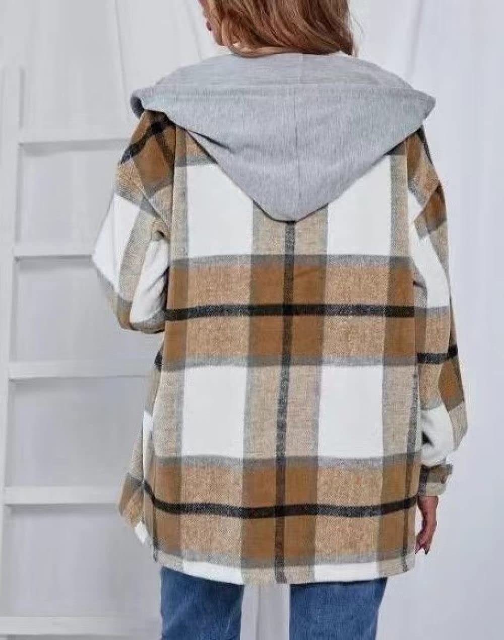 Bluse Damen,Damen Lässige Kapuzenhemden Flanellhemden Khaki Mode Karierte Langarmhemden Herbst Und Winter Verdickte Lose Lässige Mäntel Exquisite Knopfoberteile